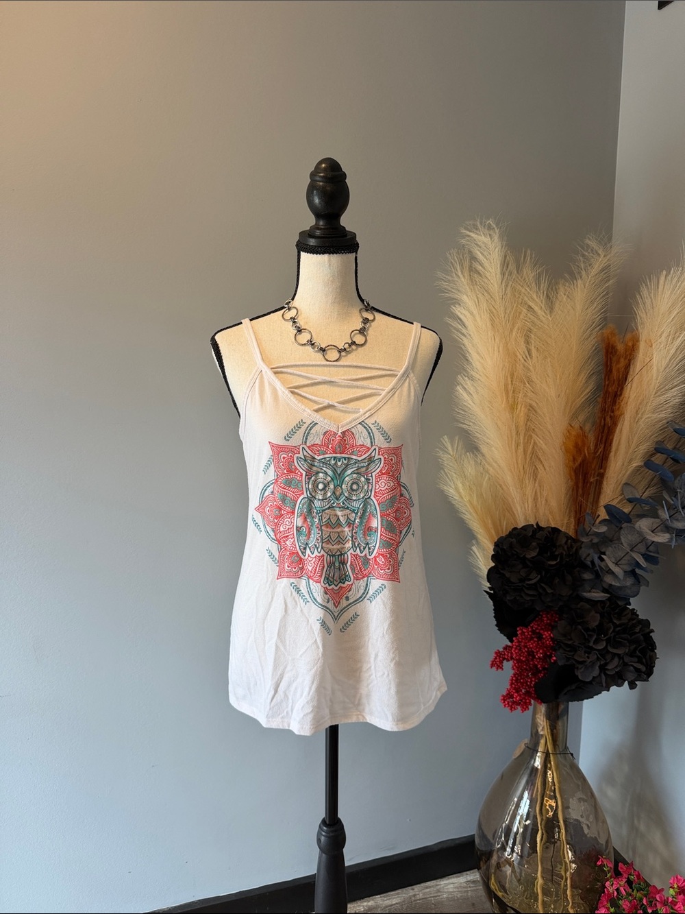 No Boundaries White Strappy Tank with Teal and Coral Owl Graphic